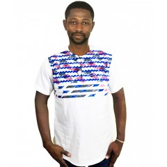 Chemise  tissu avec pagne woodin cou rond ,manche courte blanc,bleu,rose,gris