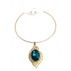 Ras de cou doré avec boucle d'oreille à pierre scintillante"bleu"