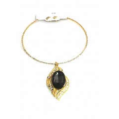 Ras de cou doré avec boucle d'oreille à pierre scintillante"noir"