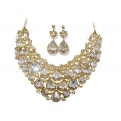 Parrure  dorée à grosse pierre scintillante argentée avec boucle d'oreille