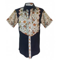chemise homme noir melangé a du pagne wooding manche courte