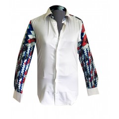 Chemise  tissu brodé cou rond ,manche courte blanc
