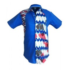 Chemise  tissu avec pagne woodin manche courte blanc,bleu,rouge