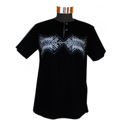 Chemise  tissu brodé avec pagne woodin, manche courte "noir"cou rond