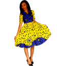 Robe en pagne deux tond jaune-bleu volante manche courte.