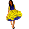 Robe en pagne deux tond jaune-bleu volante manche courte.
