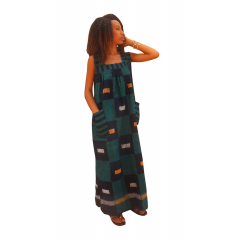 Longue robe traditionnelle senoufo bras mince avec deux poches, à carreaux "vert-bleu" avec des broderies par endroit 100% coton