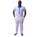 boubou en tissu léger blanc, 100% coton manche courte avec broderie de couleur "bleu"
