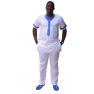 boubou en tissu léger blanc, 100% coton manche courte avec broderie de couleur "bleu"