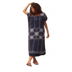 robe traditionnelle senoufo manche courte tricolore, "bleu-blanc" avec des broderies tout le long,100% coton