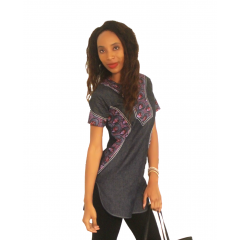 Ensemble pantalon et haut avec manche en pagne et en jeans