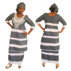 Boubou senegalais à motif en dentelle et jeans manche 3/4 de couleur "gris-blanc"