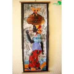 Tableau mural africain "Femme avec son baluchon sur la tete" Bande batik