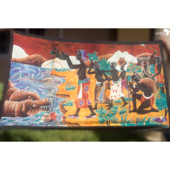 Tableau mural africain "baptème au village" bande batik
