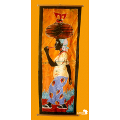 Tableau mural africain "femme avec bagage avec un curdent dans la bouche" bande batik