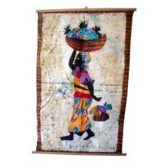 Tableau mural africain "vendeuse de fruit avec ananas sur la tete" bande batik