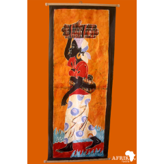 Tableau mural africain "femme avec son bébé et du fagot sur la tete" bande batik