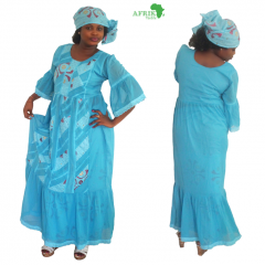 Boubou senegalais à motif et en dentelle manche 3/4 de couleur "bleu-ciel"