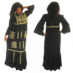 Boubou senegalais à motif et en dentelle manche 3/4 de couleur "noir-doré"