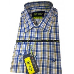 Chemise 100% coton coupe cintrée manche longue bleu à carreaux "COTTON CLUB"