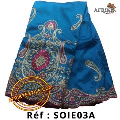 Soies Brodé "Georges lace" bleu avec des broderies dorée 5 yards