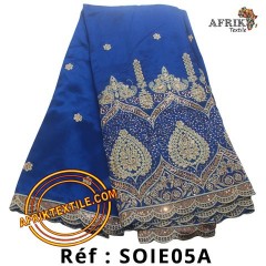 Soies Brodé "Georges lace" bleu avec des broderies dorée 5 yards