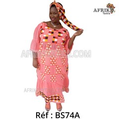 Boubou senegalais à motif et en dentelle manche 3/4 de couleur "rose"